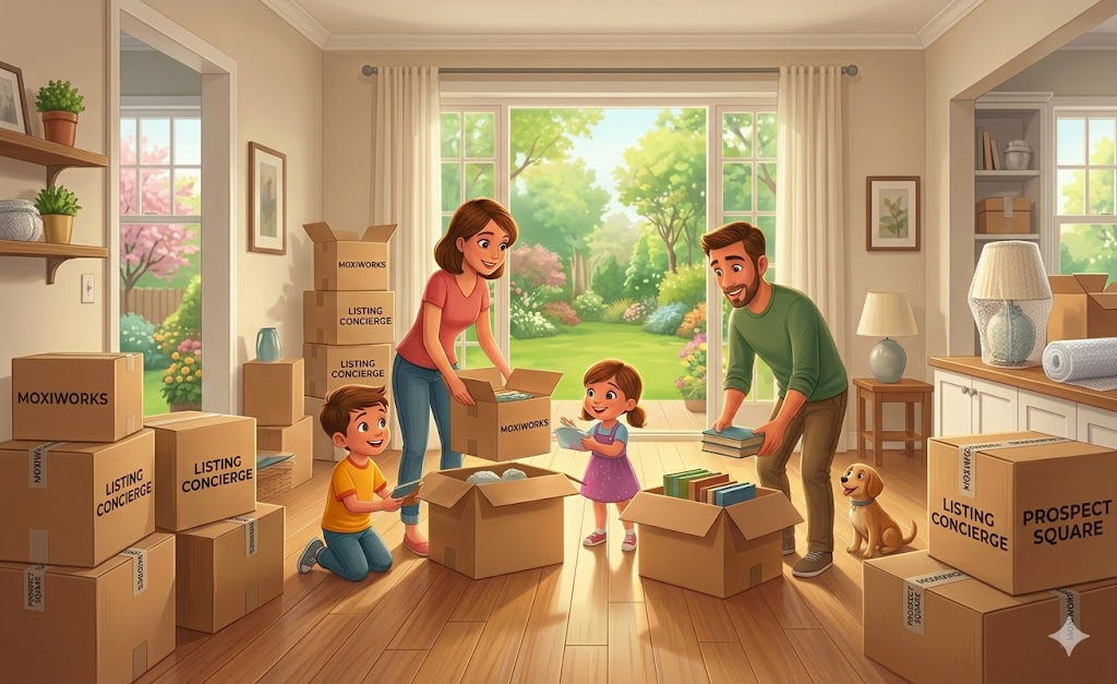 Family, parents and two children,  happy packing for the move. Lots of boxes around them.